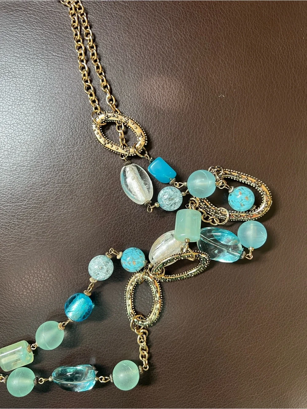Erica Lyons Necklace Multi-layered Gold-Tone Chain with Blue Aqua Beads 36”